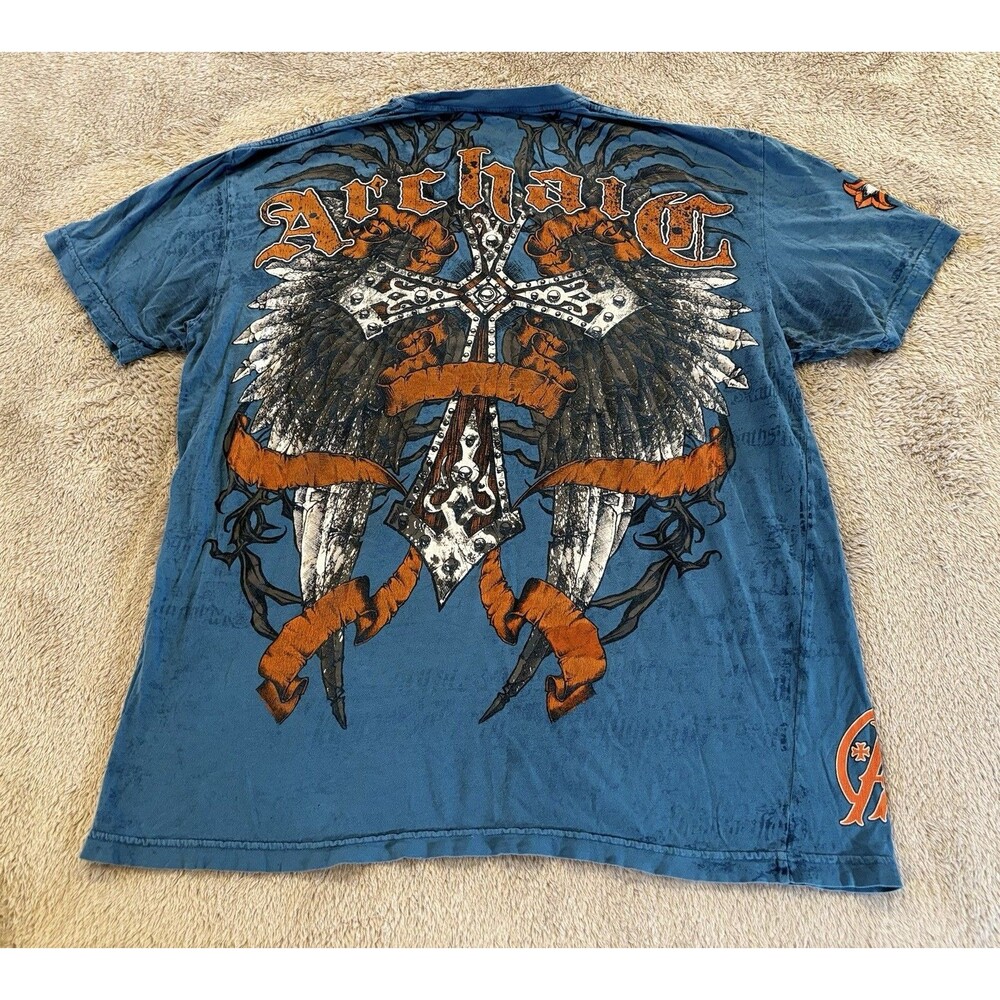 Affliction Live Fast Cross Gothic Wings T Shirt Men’s 3XL Blue 3D Stitching